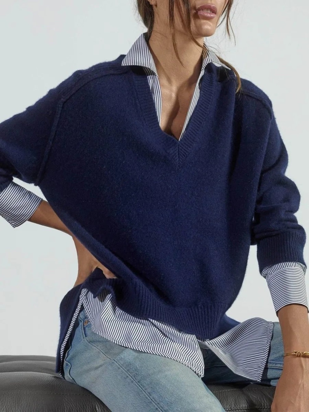 Brochu Walker The Looker Layered Wool Cashmere Sweater Shirt in Navy Size L